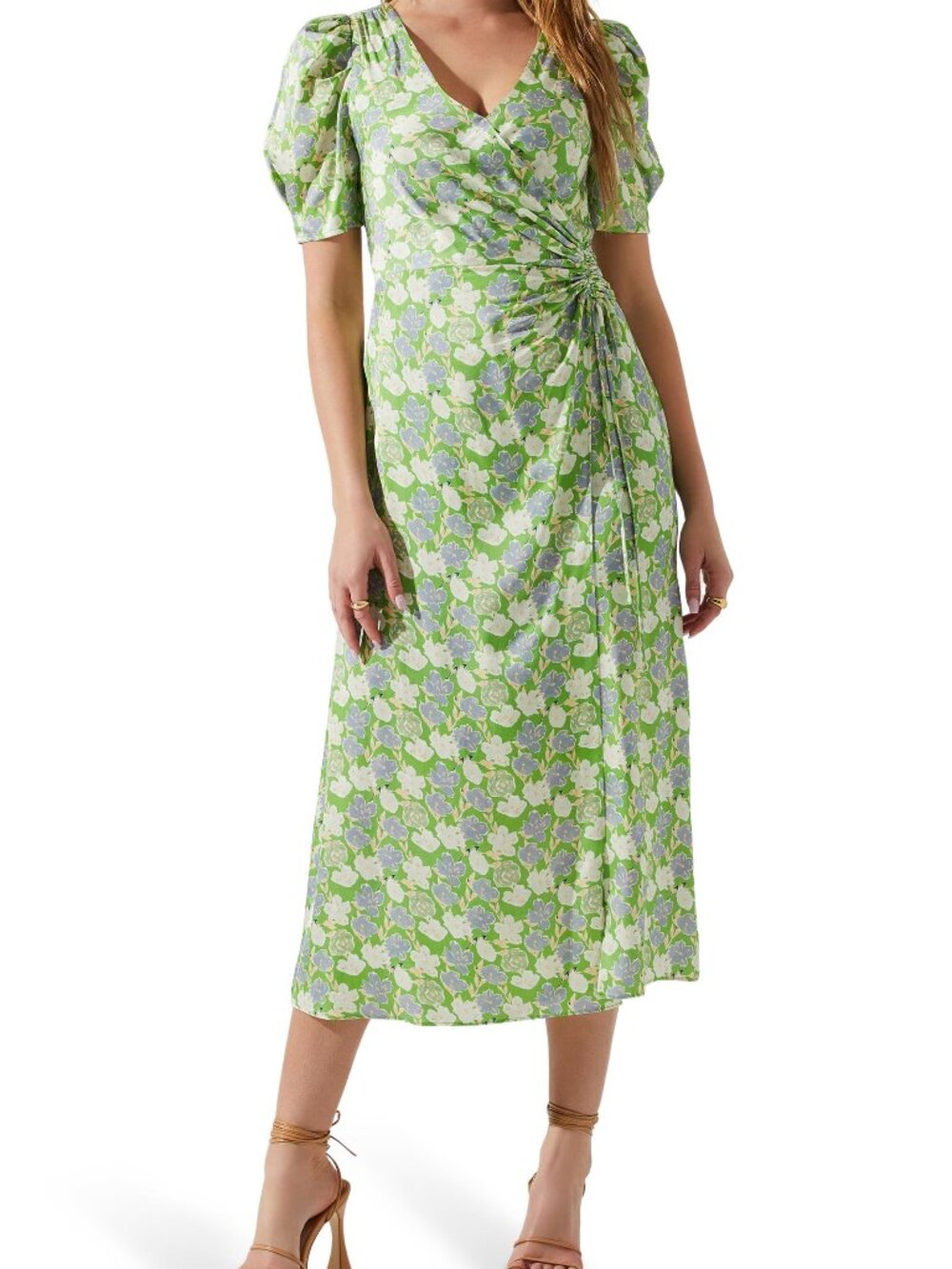 NWT ASTR THE LABEL Green Floral Puff Sleeve Ruched Wrap Midi Dress Size M